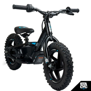 Black electric balance bike with large wheels on a white background