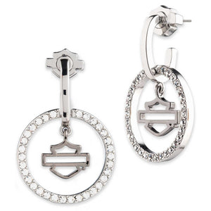 Silver earrings with circular design and visible brand logo on a white background