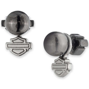 Pair of silver earrings with a logo on a white background