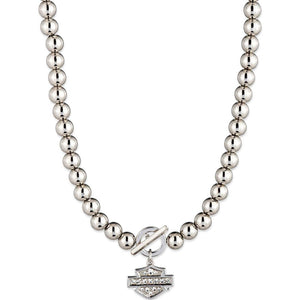 Harley-Davidson Women's. Crystal Bar & Shield Bead Toggle 16 in Necklace, Silver 34N00222