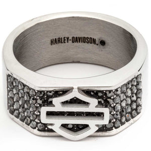 Silver ring with Harley-Davidson logo and text on a white background