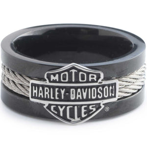 Black Harley-Davidson ring with silver cable design on a white background