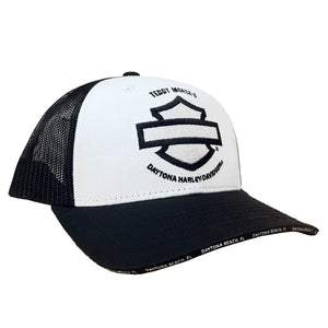 Teddy Morse's Daytona Harley-Davidson Open Bar & Shield Adjustable Trucker Hat, White/Black Cap