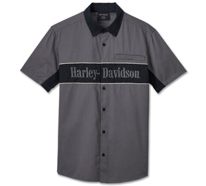 Harley-Davidson Men's "The Garage" Button-Up Short Sleeve Mechanic Shirt, Gray 96150-25VM
