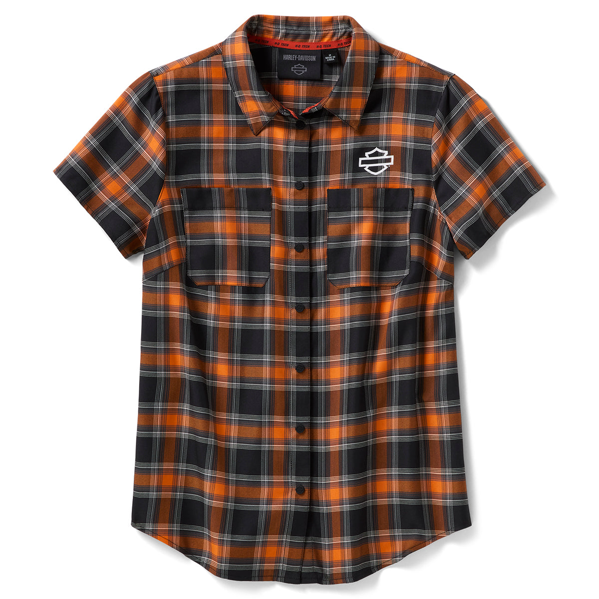 Harley-Davidson Women's H-D TECH Button-Up Short Sleeve Shirt, Black/Orange Plaid 96350-26VW Orange / Large Harley-Davidson Women's H-D TECH Button-Up Short Sleeve Shirt, Black/Orange Plaid 96350-26VW Orange / Large