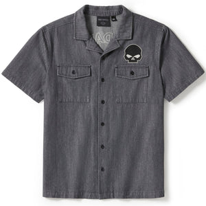 Harley-Davidson Men's Willie G. Skull Button-Up Denim Short Sleeve Shirt, Black 96383-25VM
