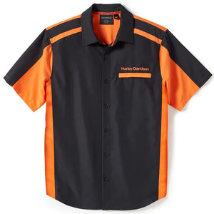 Harley-Davidson Men's H-D TECH Quick Dry Button-Up Colorblock Short Sleeve Shirt, Orange & Black 96384-25VM