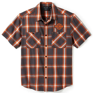 Harley-Davidson Men's Bar & Shield Plaid Staple Short Sleeve Shirt, Orange 96402-25VM