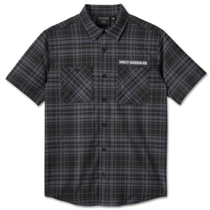 Harley-Davidson Men's Enduro Button-Up Performance Button-Up Short Sleeve Shirt, Black/Gray Plaid 96448-24VM