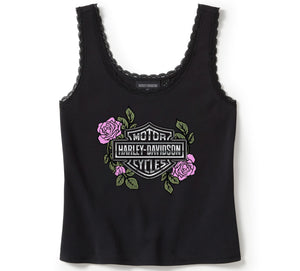 Harley-Davidson Women's Rose & Thorn Bling Lace Trim Sleeveless Shirt, Black Tank 96453-25VW
