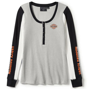 Harley-Davidson Women's Essential Henley Colorblock Long Sleeve Shirt, Gray & Black 96455-25VW