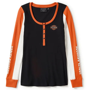 Harley-Davidson Women's Essential Henley Colorblock Long Sleeve Shirt, Black & Orange 96456-25VW