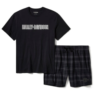 Harley-Davidson Men's Short Sleeve Shirt & Plaid Shorts Pajama Set, Black Tee 96469-25VM