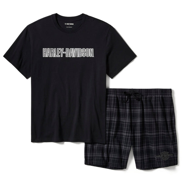 Harley-Davidson Men's Short Sleeve Shirt & Plaid Shorts Pajama Set, Black Tee 96469-25VM