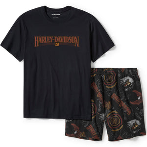 Harley-Davidson Men's '80s Short Sleeve Shirt W/ Allover Eagle Print Shorts Pajama Set, Black Tee 96470-25VM