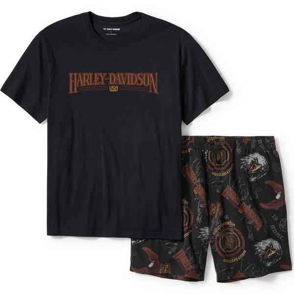 Harley-Davidson Men's '80s Short Sleeve Shirt W/ Allover Eagle Print Shorts Pajama Set, Black Tee 96470-25VM