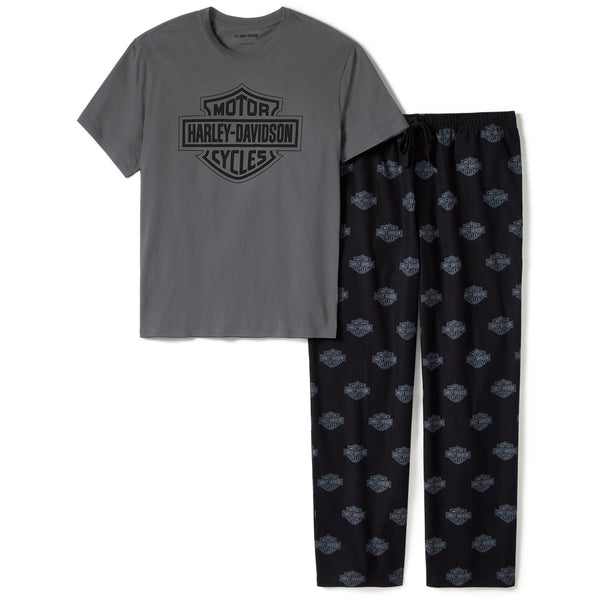 Harley-Davidson Men's Classic B&S Logo Short Sleeve Shirt W/ Allover Print B&S Pants Pajama Set, Gray Tee 96471-25VM