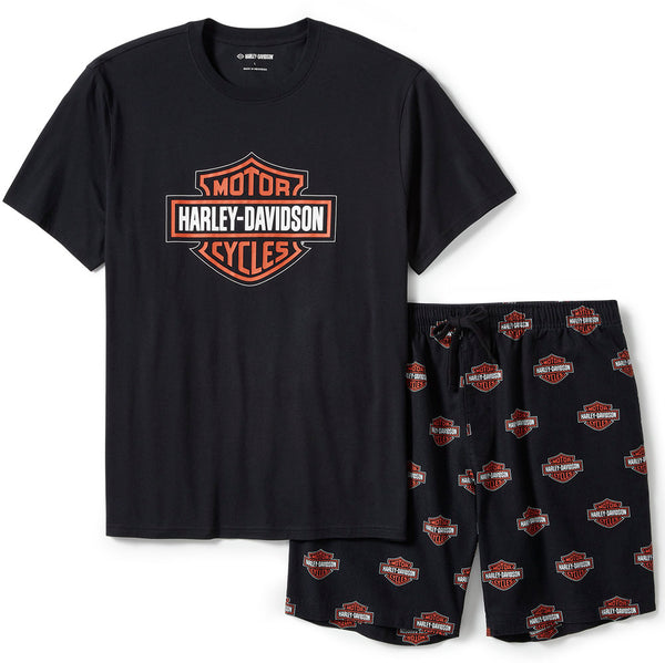 Harley-Davidson Men's B&S Short Sleeve Shirt & Allover Print Shorts Pajama Set, Black Tee 96473-25VM