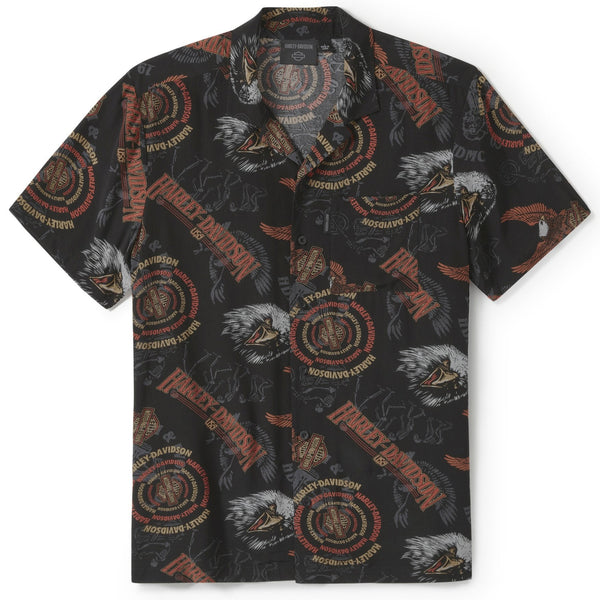 Harley-Davidson Men's '80s Aloha Allover Eagle Print Button-Up Short Sleeve Shirt, Black 96509-25VM