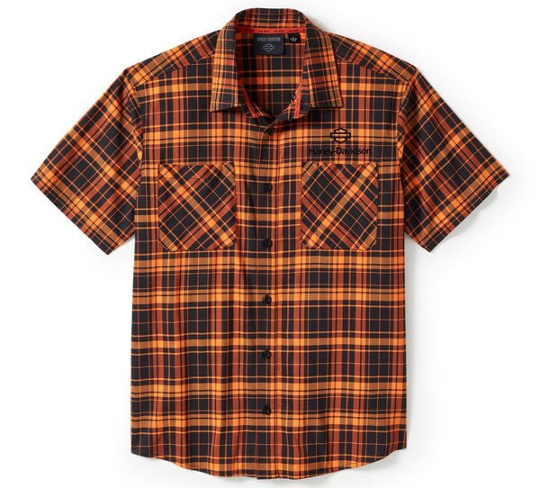 Harley-Davidson Men's H-D TECH Coolmax Button-Up Short Sleeve Shirt, Orange Plaid 96513-25VM
