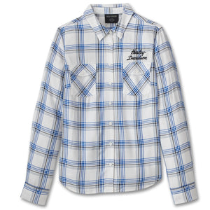 Harley-Davidson Women's Petal Racer Button-Up Long Sleeve Shirt, White/Blue Plaid 96515-24VW