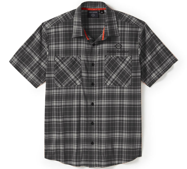 Harley-Davidson Men's H-D TECH Coolmax Button-Up Short Sleeve Shirt, Gray Plaid 96515-25VM