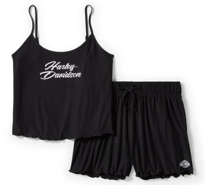 Harley-Davidson Women's Lettuce Trim Pajama Shorts W/ String Sleeveless Tank Shirt, Black 96524-25VW