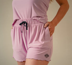 Harley-Davidson Women's Lettuce Trim Shorts W/ String Sleeveless Shirt Pajama Set, Pink Tank 96525-25VW