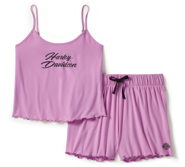 Harley-Davidson Women's Lettuce Trim Shorts W/ String Sleeveless Shirt Pajama Set, Pink Tank 96525-25VW