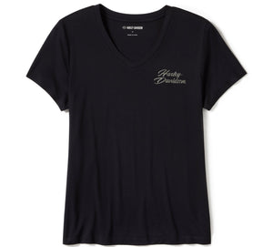 Harley-Davidson Women's Rose & Thorn Bling V-Neck Short Sleeve Shirt, Black 96546-25VW
