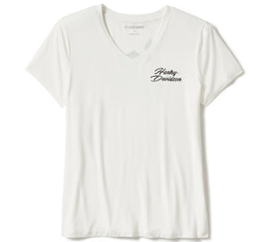 Harley-Davidson Women's Rose & Thorn Bling V-Neck Short Sleeve Shirt, White 96547-25VW
