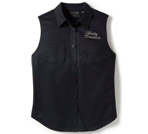 Harley-Davidson Women's Essential Bling Button-Up Front Sleeveless Shirt, Black 96553-25VW
