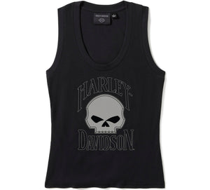 Harley-Davidson Women's sleeveless tank top with ribbed texture and skull graphic on the front.