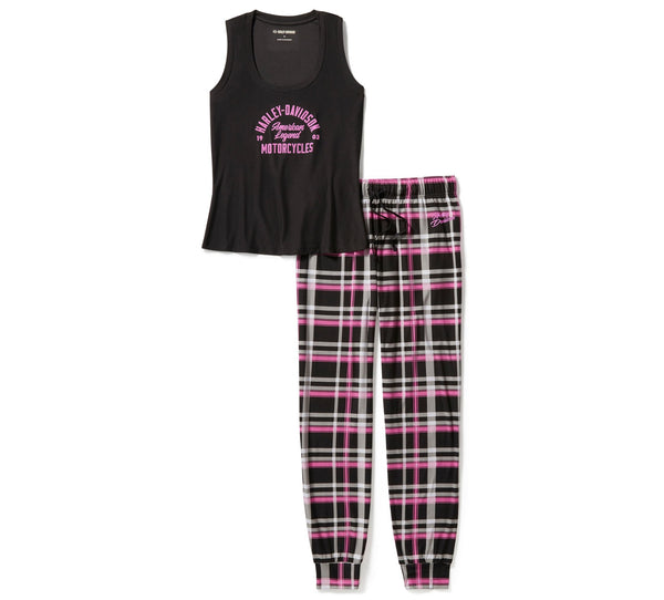 Harley-Davidson Women's Sleeveless Shirt W/ Plaid Drawstring Pants Pajama Set, Pink/Black Tank 96599-25VW