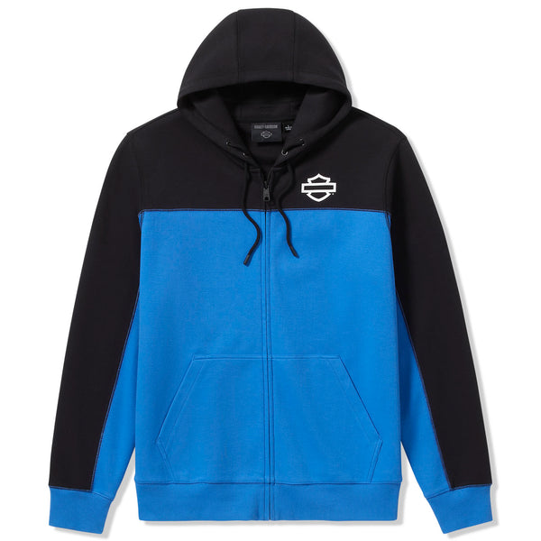 Black and blue hoodie with a logo on a white background