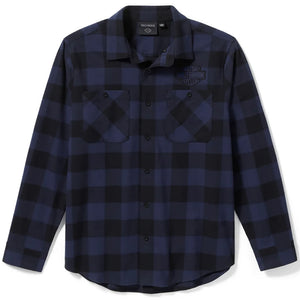 Harley-Davidson Men's Bar & Shield Buffalo Check Button-Up Long Sleeve Flannel Shirt, Black & Blue 96734-25VM