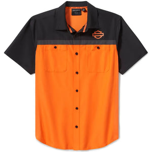 Harley-Davidson Men's H-D TECH Vented Button-Up Colorblock Short Sleeve Shirt, Orange/Black 96737-25VM