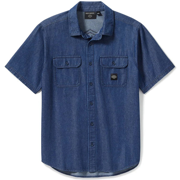 Harley-Davidson Men's Bar & Shield Chambray Button-Up Short Sleeve Shirt, Blue 96740-25VM