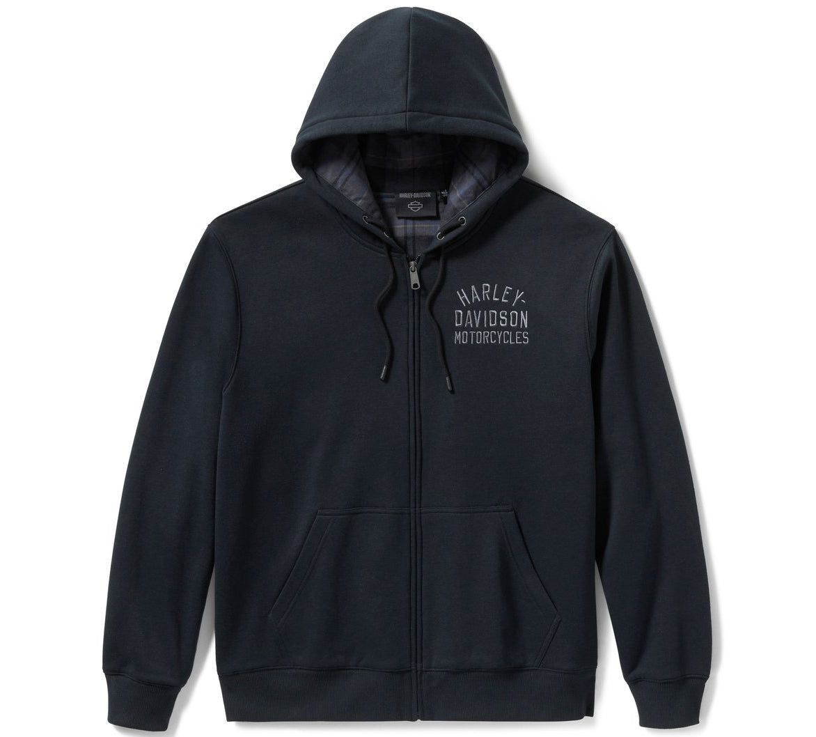 Harley-Davidson Men's Plaid Lined Long Sleeve Zip-Up Hoodie, Black
