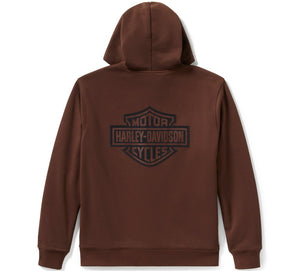 Brown hoodie with Harley-Davidson logo on the back against a white background