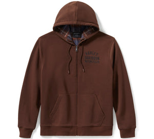 Brown hoodie with plaid lining on a white background