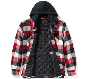 Plaid jacket with a black quilted back panel on a white background