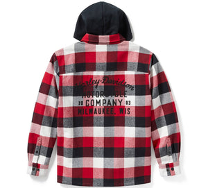 Red and black checkered shirt with a hood on a white background