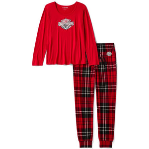 Red long-sleeve top and plaid pants set with a logo on a white background