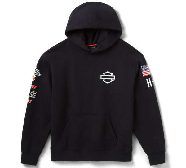 Black hoodie with brand logo on a white background