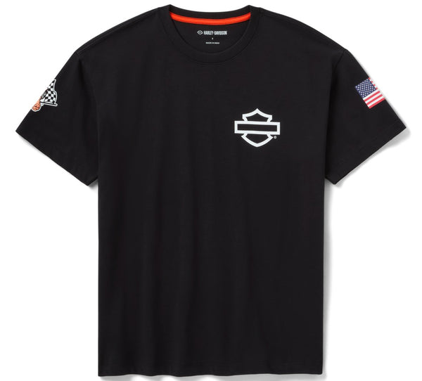 Black t-shirt with a logo and small flags on sleeves against a white background