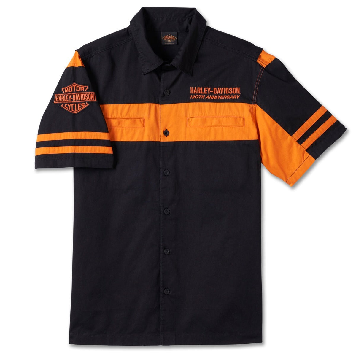 Harley-Davidson 120th Anniversary Men's Woven Colorblocked Button-Up Shirt,  Black/Orange 96872-23VM