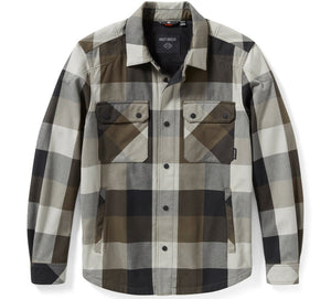 Plaid shirt with brown, gray, and beige pattern on a white background