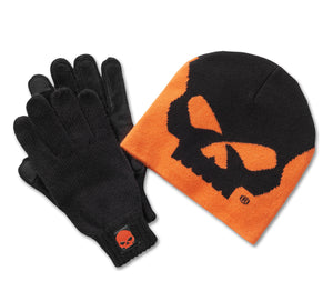 Harley-Davidson Men's Willie G. Skull Beanie Fit & Glove Gift Hat Set, Black/Orange 97658-25VM