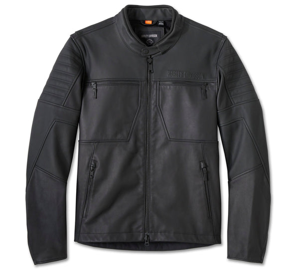 Black leather jacket with multiple pockets on a white background